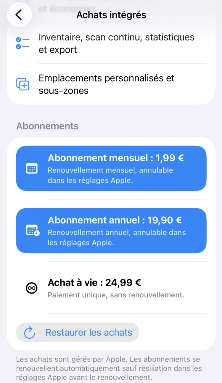 Ecran des achats integres avec abonnement mensuel, annuel et achat a vie.