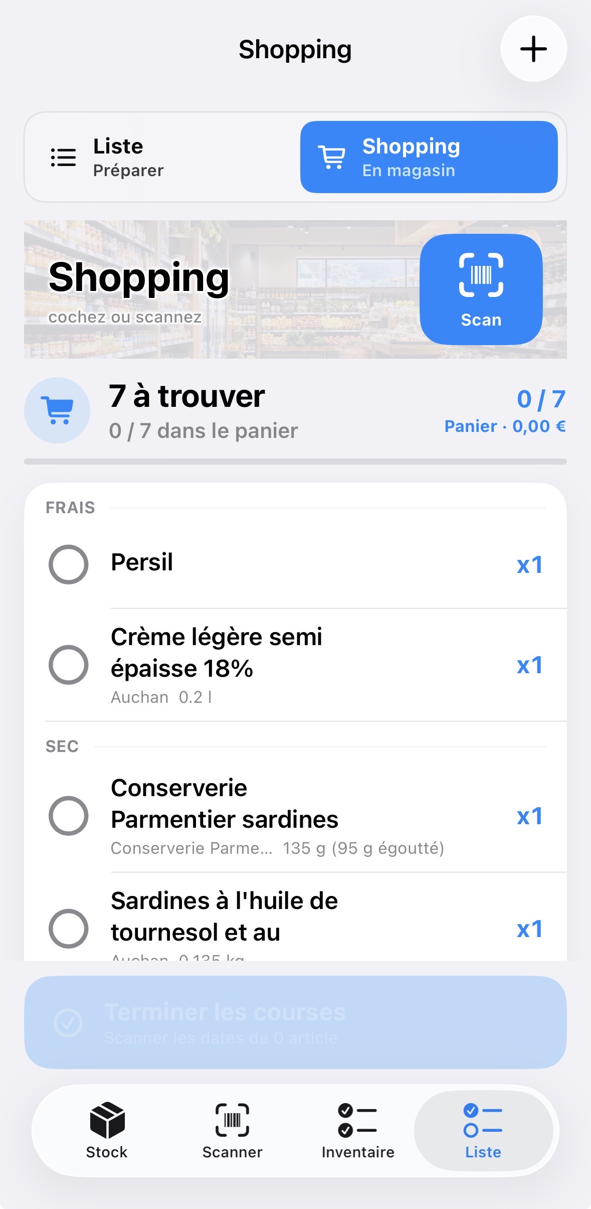 Mode shopping avec articles a trouver et bouton scan.